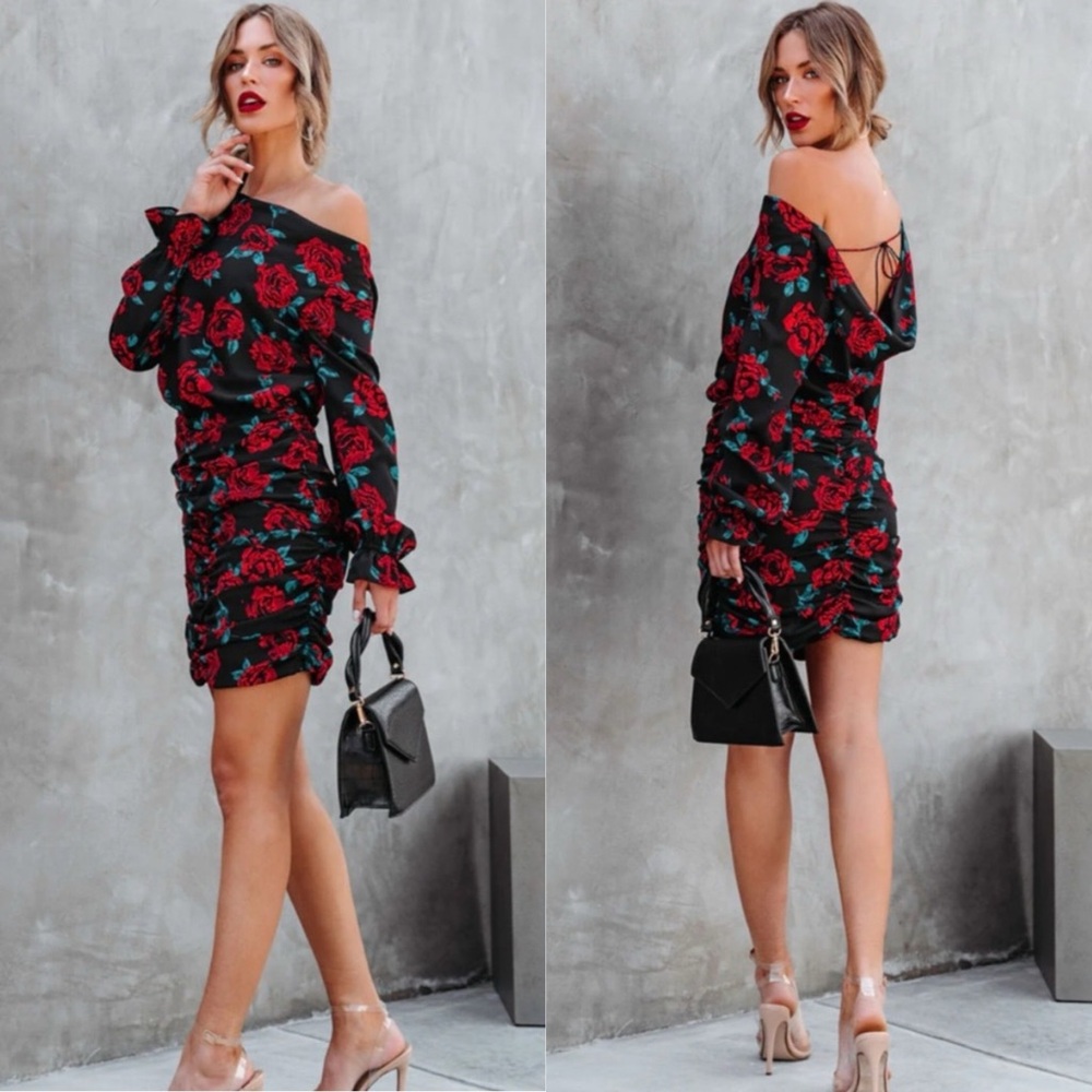 Vici One-Shoulder Black Dress with Red Rose Print